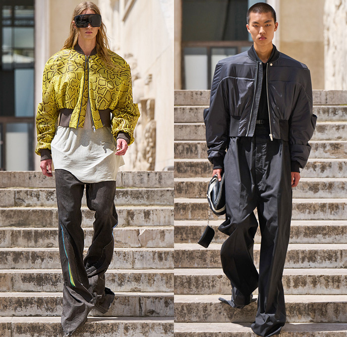 Rick Owens 2023 Spring Summer Mens Runway Looks - Paris Fashion Week Homme Mode Masculine Printemps Eté - Edfu Denim Jeans Paradoxe Threads Pointy Shoulders Boxy Hoodie Coat Blazer Inverse Reverse Bomber Jacket Sheer Tulle Reptile Snakeskin Flare Wide Leg Pockets Cargo Pants Elongated Hem Mesh Iridescent Metallic Sleeveless Vest Blurry Squares Pirarucu Amazonian Fish Skin Scales Manskirt Kilt One Shoulder Draped Shorts Welding Glasses Tote Handbag Clutch