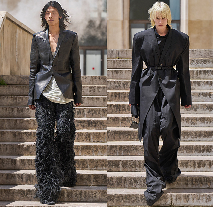 Rick Owens 2023 Spring Summer Mens Runway Looks - Paris Fashion Week Homme Mode Masculine Printemps Eté - Edfu Denim Jeans Paradoxe Threads Pointy Shoulders Boxy Hoodie Coat Blazer Inverse Reverse Bomber Jacket Sheer Tulle Reptile Snakeskin Flare Wide Leg Pockets Cargo Pants Elongated Hem Mesh Iridescent Metallic Sleeveless Vest Blurry Squares Pirarucu Amazonian Fish Skin Scales Manskirt Kilt One Shoulder Draped Shorts Welding Glasses Tote Handbag Clutch