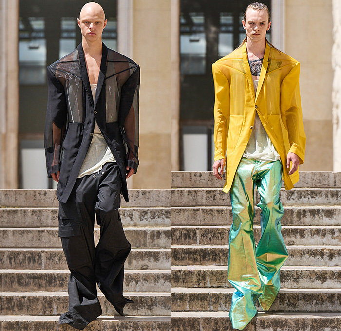 Rick Owens 2023 Spring Summer Mens Runway Looks - Paris Fashion Week Homme Mode Masculine Printemps Eté - Edfu Denim Jeans Paradoxe Threads Pointy Shoulders Boxy Hoodie Coat Blazer Inverse Reverse Bomber Jacket Sheer Tulle Reptile Snakeskin Flare Wide Leg Pockets Cargo Pants Elongated Hem Mesh Iridescent Metallic Sleeveless Vest Blurry Squares Pirarucu Amazonian Fish Skin Scales Manskirt Kilt One Shoulder Draped Shorts Welding Glasses Tote Handbag Clutch