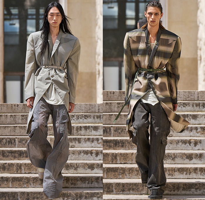 Rick Owens 2023 Spring Summer Mens Runway Looks - Paris Fashion Week Homme Mode Masculine Printemps Eté - Edfu Denim Jeans Paradoxe Threads Pointy Shoulders Boxy Hoodie Coat Blazer Inverse Reverse Bomber Jacket Sheer Tulle Reptile Snakeskin Flare Wide Leg Pockets Cargo Pants Elongated Hem Mesh Iridescent Metallic Sleeveless Vest Blurry Squares Pirarucu Amazonian Fish Skin Scales Manskirt Kilt One Shoulder Draped Shorts Welding Glasses Tote Handbag Clutch