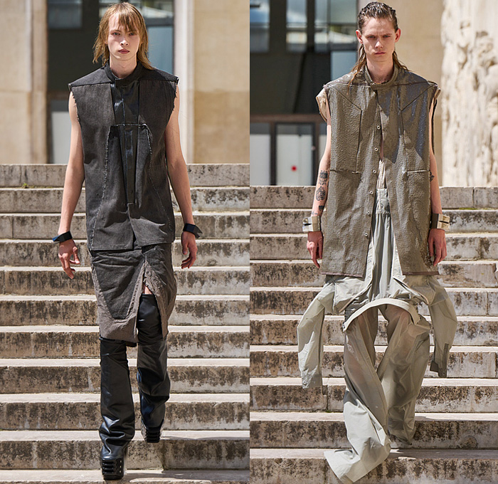 Rick Owens 2023 Spring Summer Mens Runway Looks - Paris Fashion Week Homme Mode Masculine Printemps Eté - Edfu Denim Jeans Paradoxe Threads Pointy Shoulders Boxy Hoodie Coat Blazer Inverse Reverse Bomber Jacket Sheer Tulle Reptile Snakeskin Flare Wide Leg Pockets Cargo Pants Elongated Hem Mesh Iridescent Metallic Sleeveless Vest Blurry Squares Pirarucu Amazonian Fish Skin Scales Manskirt Kilt One Shoulder Draped Shorts Welding Glasses Tote Handbag Clutch