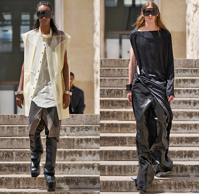 Rick Owens 2023 Spring Summer Mens Runway Looks - Paris Fashion Week Homme Mode Masculine Printemps Eté - Edfu Denim Jeans Paradoxe Threads Pointy Shoulders Boxy Hoodie Coat Blazer Inverse Reverse Bomber Jacket Sheer Tulle Reptile Snakeskin Flare Wide Leg Pockets Cargo Pants Elongated Hem Mesh Iridescent Metallic Sleeveless Vest Blurry Squares Pirarucu Amazonian Fish Skin Scales Manskirt Kilt One Shoulder Draped Shorts Welding Glasses Tote Handbag Clutch