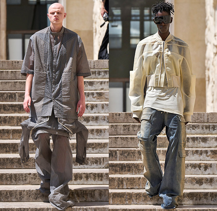 Rick Owens 2023 Spring Summer Mens Runway Looks - Paris Fashion Week Homme Mode Masculine Printemps Eté - Edfu Denim Jeans Paradoxe Threads Pointy Shoulders Boxy Hoodie Coat Blazer Inverse Reverse Bomber Jacket Sheer Tulle Reptile Snakeskin Flare Wide Leg Pockets Cargo Pants Elongated Hem Mesh Iridescent Metallic Sleeveless Vest Blurry Squares Pirarucu Amazonian Fish Skin Scales Manskirt Kilt One Shoulder Draped Shorts Welding Glasses Tote Handbag Clutch