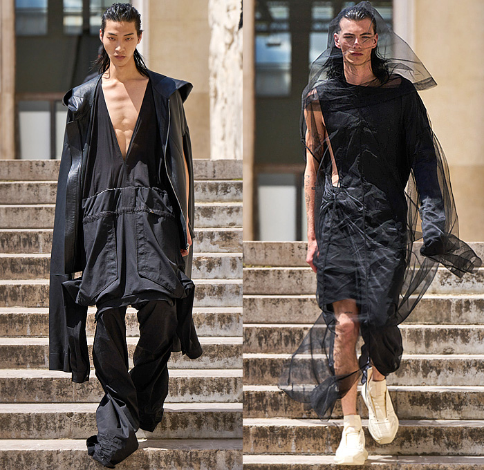 Rick Owens 2023 Spring Summer Mens Runway Looks - Paris Fashion Week Homme Mode Masculine Printemps Eté - Edfu Denim Jeans Paradoxe Threads Pointy Shoulders Boxy Hoodie Coat Blazer Inverse Reverse Bomber Jacket Sheer Tulle Reptile Snakeskin Flare Wide Leg Pockets Cargo Pants Elongated Hem Mesh Iridescent Metallic Sleeveless Vest Blurry Squares Pirarucu Amazonian Fish Skin Scales Manskirt Kilt One Shoulder Draped Shorts Welding Glasses Tote Handbag Clutch