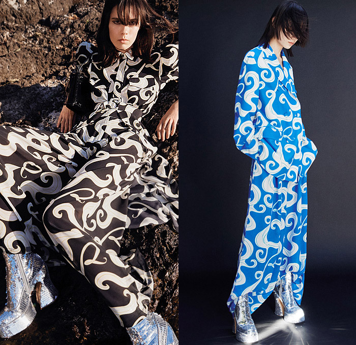 Rochas 2023 Resort Cruise Pre-Spring Womens Lookbook Presentation - Poufy Shoulders Puff Bloated Balloon Sleeves Wide Hem Decorative Art Ornaments Streamers Swirls Blazer Jacket Pantsuit Outerwear Coat Crop Top Midriff Knit Sweater Accordion Pleats Stripes Babydoll Dress Long Sleeve Blouse Wide Leg Miniskirt Dress Gown Shorts Culottes Cutout Sheer Chiffon Organza Bedazzled Sequins Thigh High Boots