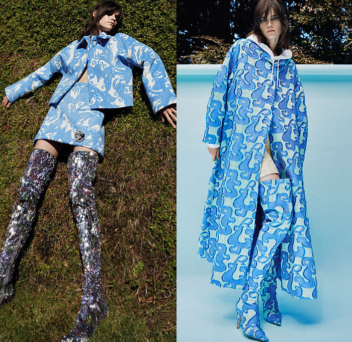 Rochas 2023 Resort Cruise Pre-Spring Womens Lookbook Presentation - Poufy Shoulders Puff Bloated Balloon Sleeves Wide Hem Decorative Art Ornaments Streamers Swirls Blazer Jacket Pantsuit Outerwear Coat Crop Top Midriff Knit Sweater Accordion Pleats Stripes Babydoll Dress Long Sleeve Blouse Wide Leg Miniskirt Dress Gown Shorts Culottes Cutout Sheer Chiffon Organza Bedazzled Sequins Thigh High Boots