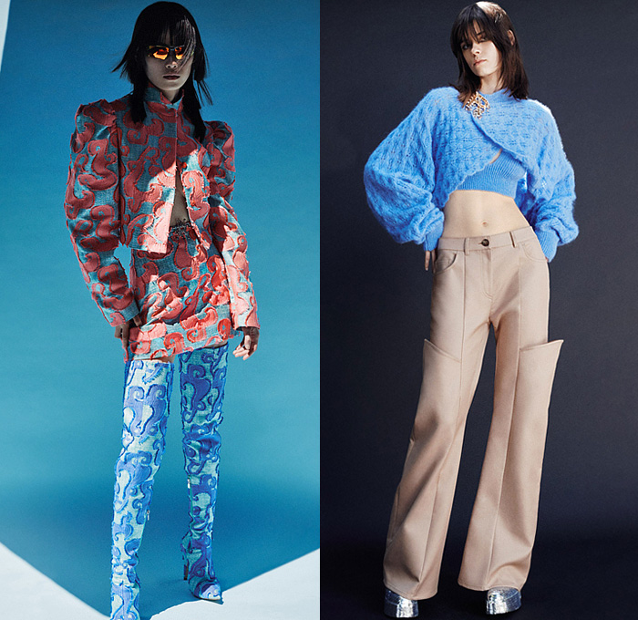 Rochas 2023 Resort Cruise Pre-Spring Womens Lookbook Presentation - Poufy Shoulders Puff Bloated Balloon Sleeves Wide Hem Decorative Art Ornaments Streamers Swirls Blazer Jacket Pantsuit Outerwear Coat Crop Top Midriff Knit Sweater Accordion Pleats Stripes Babydoll Dress Long Sleeve Blouse Wide Leg Miniskirt Dress Gown Shorts Culottes Cutout Sheer Chiffon Organza Bedazzled Sequins Thigh High Boots
