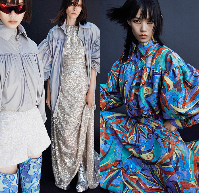 Rochas 2023 Resort Cruise Pre-Spring Womens Lookbook Presentation - Poufy Shoulders Puff Bloated Balloon Sleeves Wide Hem Decorative Art Ornaments Streamers Swirls Blazer Jacket Pantsuit Outerwear Coat Crop Top Midriff Knit Sweater Accordion Pleats Stripes Babydoll Dress Long Sleeve Blouse Wide Leg Miniskirt Dress Gown Shorts Culottes Cutout Sheer Chiffon Organza Bedazzled Sequins Thigh High Boots