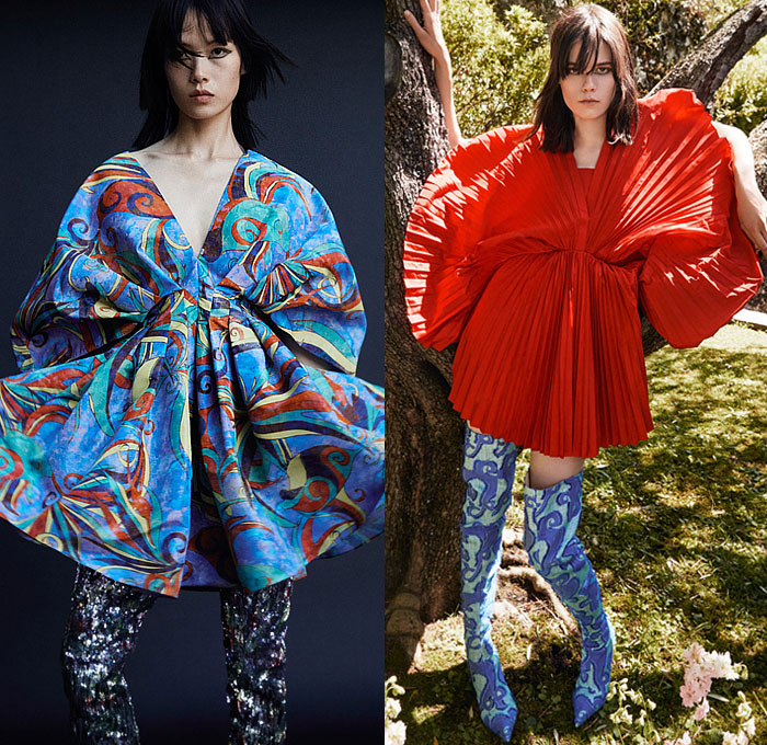 Rochas 2023 Resort Cruise Pre-Spring Womens Lookbook Presentation - Poufy Shoulders Puff Bloated Balloon Sleeves Wide Hem Decorative Art Ornaments Streamers Swirls Blazer Jacket Pantsuit Outerwear Coat Crop Top Midriff Knit Sweater Accordion Pleats Stripes Babydoll Dress Long Sleeve Blouse Wide Leg Miniskirt Dress Gown Shorts Culottes Cutout Sheer Chiffon Organza Bedazzled Sequins Thigh High Boots