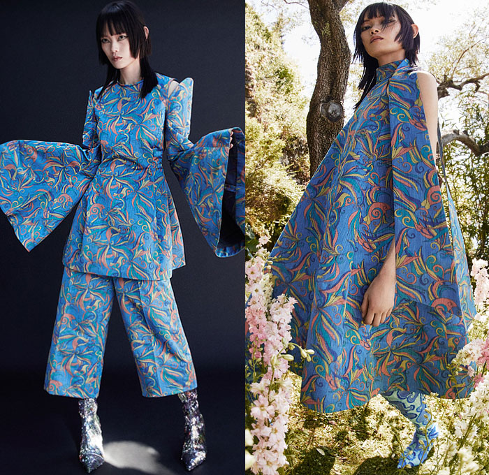 Rochas 2023 Resort Cruise Pre-Spring Womens Lookbook Presentation - Poufy Shoulders Puff Bloated Balloon Sleeves Wide Hem Decorative Art Ornaments Streamers Swirls Blazer Jacket Pantsuit Outerwear Coat Crop Top Midriff Knit Sweater Accordion Pleats Stripes Babydoll Dress Long Sleeve Blouse Wide Leg Miniskirt Dress Gown Shorts Culottes Cutout Sheer Chiffon Organza Bedazzled Sequins Thigh High Boots