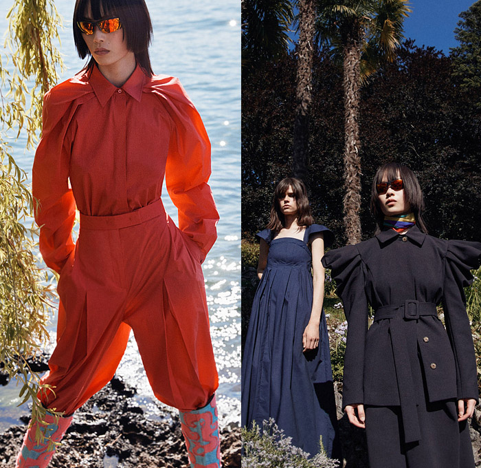 Rochas 2023 Resort Cruise Pre-Spring Womens Lookbook Presentation - Poufy Shoulders Puff Bloated Balloon Sleeves Wide Hem Decorative Art Ornaments Streamers Swirls Blazer Jacket Pantsuit Outerwear Coat Crop Top Midriff Knit Sweater Accordion Pleats Stripes Babydoll Dress Long Sleeve Blouse Wide Leg Miniskirt Dress Gown Shorts Culottes Cutout Sheer Chiffon Organza Bedazzled Sequins Thigh High Boots
