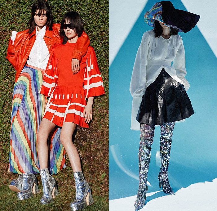 Rochas 2023 Resort Cruise Pre-Spring Womens Lookbook Presentation - Poufy Shoulders Puff Bloated Balloon Sleeves Wide Hem Decorative Art Ornaments Streamers Swirls Blazer Jacket Pantsuit Outerwear Coat Crop Top Midriff Knit Sweater Accordion Pleats Stripes Babydoll Dress Long Sleeve Blouse Wide Leg Miniskirt Dress Gown Shorts Culottes Cutout Sheer Chiffon Organza Bedazzled Sequins Thigh High Boots