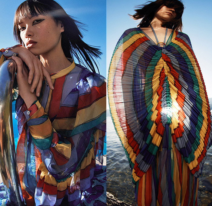 Rochas 2023 Resort Cruise Pre-Spring Womens Lookbook Presentation - Poufy Shoulders Puff Bloated Balloon Sleeves Wide Hem Decorative Art Ornaments Streamers Swirls Blazer Jacket Pantsuit Outerwear Coat Crop Top Midriff Knit Sweater Accordion Pleats Stripes Babydoll Dress Long Sleeve Blouse Wide Leg Miniskirt Dress Gown Shorts Culottes Cutout Sheer Chiffon Organza Bedazzled Sequins Thigh High Boots