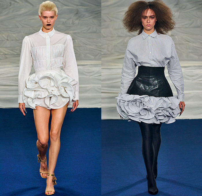 Rochas 2023 Spring Summer Womens Collection Looks - Mode à Paris Fashion Week France - Ruffles Tiered Swirls Shirtdress Accordion Pleats Pinstripe Leaves Foliage Fauna Fern Peplum Skirt Leggings Tights Draped Cape Suspenders Wide Leg Palazzo Pants Crop Top Midriff Cat Feline Robe Crinoline Victorian Cage Skirt Petticoat Mesh Sheer Blazer Strapless Lantern Hem Arm Warmers Fan Coat Funnel Sleeves Dress Poufy Shoulders Puff Wrapped Boots Gladiators