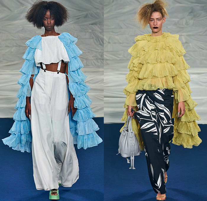 Rochas 2023 Spring Summer Womens Collection Looks - Mode à Paris Fashion Week France - Ruffles Tiered Swirls Shirtdress Accordion Pleats Pinstripe Leaves Foliage Fauna Fern Peplum Skirt Leggings Tights Draped Cape Suspenders Wide Leg Palazzo Pants Crop Top Midriff Cat Feline Robe Crinoline Victorian Cage Skirt Petticoat Mesh Sheer Blazer Strapless Lantern Hem Arm Warmers Fan Coat Funnel Sleeves Dress Poufy Shoulders Puff Wrapped Boots Gladiators