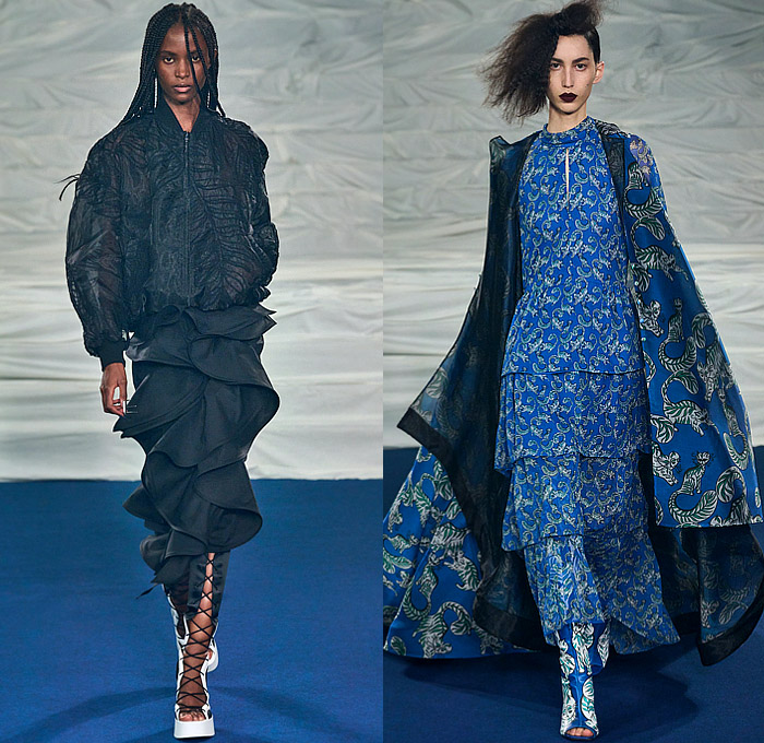 Rochas 2023 Spring Summer Womens Collection Looks - Mode à Paris Fashion Week France - Ruffles Tiered Swirls Shirtdress Accordion Pleats Pinstripe Leaves Foliage Fauna Fern Peplum Skirt Leggings Tights Draped Cape Suspenders Wide Leg Palazzo Pants Crop Top Midriff Cat Feline Robe Crinoline Victorian Cage Skirt Petticoat Mesh Sheer Blazer Strapless Lantern Hem Arm Warmers Fan Coat Funnel Sleeves Dress Poufy Shoulders Puff Wrapped Boots Gladiators