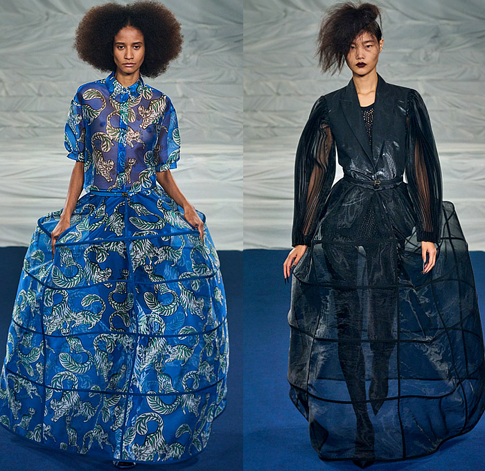 Rochas 2023 Spring Summer Womens Collection Looks - Mode à Paris Fashion Week France - Ruffles Tiered Swirls Shirtdress Accordion Pleats Pinstripe Leaves Foliage Fauna Fern Peplum Skirt Leggings Tights Draped Cape Suspenders Wide Leg Palazzo Pants Crop Top Midriff Cat Feline Robe Crinoline Victorian Cage Skirt Petticoat Mesh Sheer Blazer Strapless Lantern Hem Arm Warmers Fan Coat Funnel Sleeves Dress Poufy Shoulders Puff Wrapped Boots Gladiators