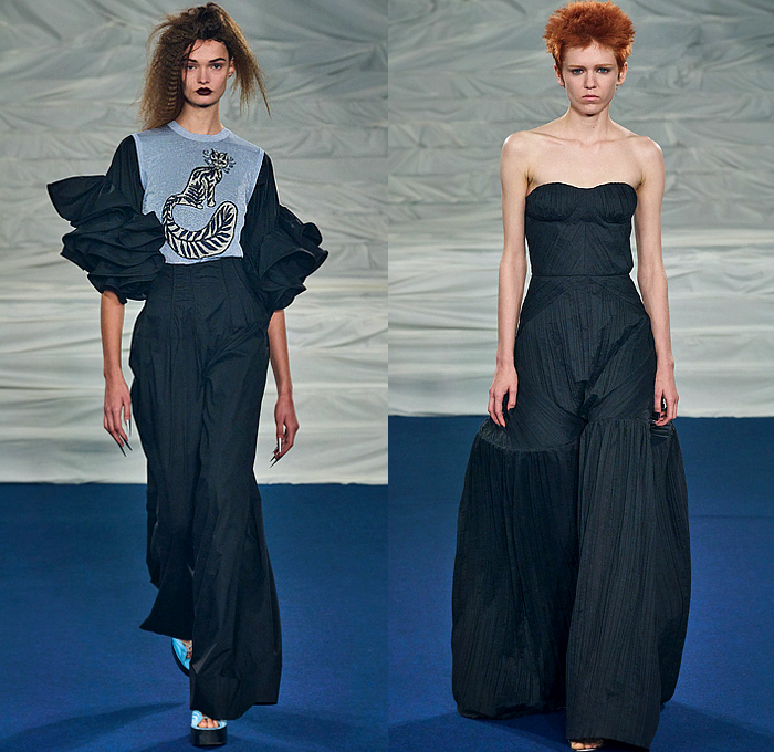 Rochas 2023 Spring Summer Womens Collection Looks - Mode à Paris Fashion Week France - Ruffles Tiered Swirls Shirtdress Accordion Pleats Pinstripe Leaves Foliage Fauna Fern Peplum Skirt Leggings Tights Draped Cape Suspenders Wide Leg Palazzo Pants Crop Top Midriff Cat Feline Robe Crinoline Victorian Cage Skirt Petticoat Mesh Sheer Blazer Strapless Lantern Hem Arm Warmers Fan Coat Funnel Sleeves Dress Poufy Shoulders Puff Wrapped Boots Gladiators