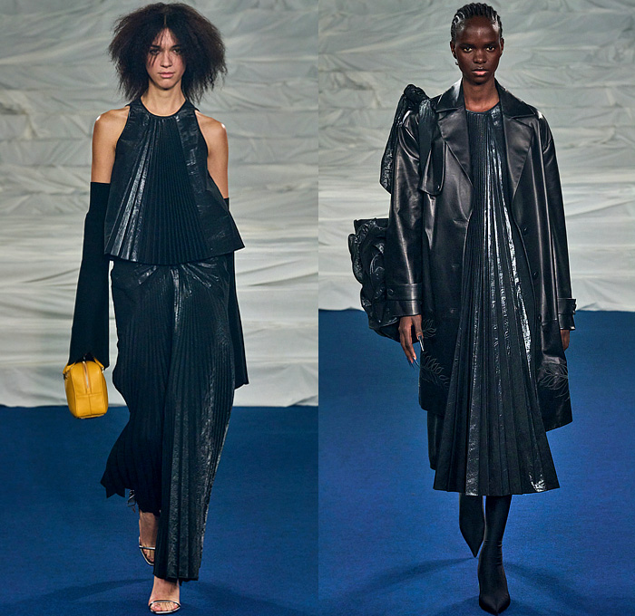 Rochas 2023 Spring Summer Womens Collection Looks - Mode à Paris Fashion Week France - Ruffles Tiered Swirls Shirtdress Accordion Pleats Pinstripe Leaves Foliage Fauna Fern Peplum Skirt Leggings Tights Draped Cape Suspenders Wide Leg Palazzo Pants Crop Top Midriff Cat Feline Robe Crinoline Victorian Cage Skirt Petticoat Mesh Sheer Blazer Strapless Lantern Hem Arm Warmers Fan Coat Funnel Sleeves Dress Poufy Shoulders Puff Wrapped Boots Gladiators