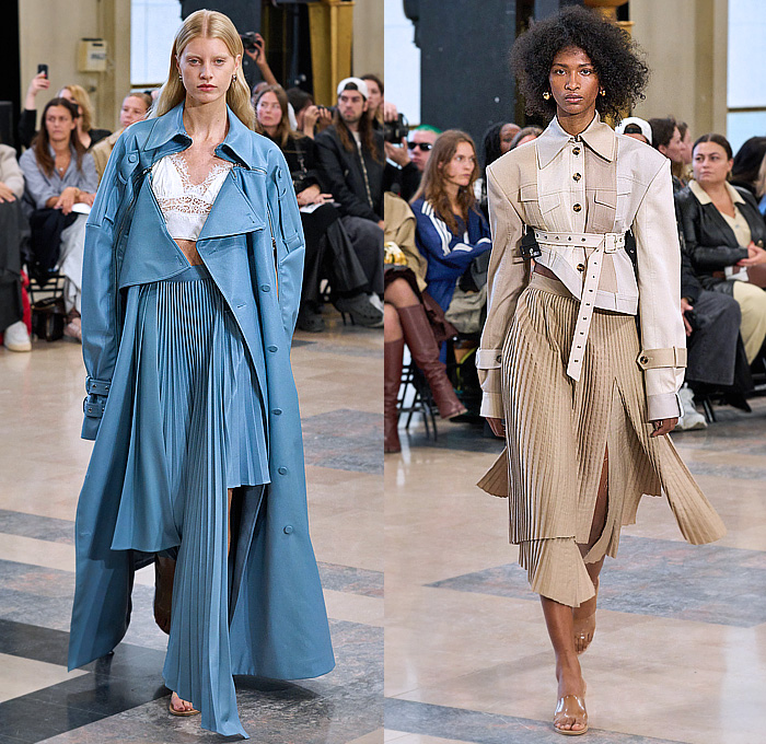 Rokh 2023 Spring Summer Womens Runway Collection - Mode à Paris Fashion Week France - Irrational View Accordion Pleats Trench Coat Lace Embroidery Crop Top Midriff Asymmetrical Patchwork Deconstructed Raw Hem Unfinished Frayed Tiered Bedazzled Metal Studs Blazer Jacket Straps Belts Grommets Holes Hooks Fringes Pencil Skirt Paper Bag Waist Bandeau Bralette Zipper Patchwork Stripes Strapless Pockets Jagged Ripped Torn Dress One Shoulder Cutout Wide Leg Flare Pantsuit Handbag Sandals