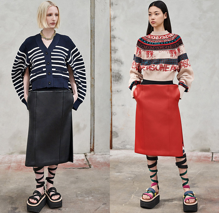 Sacai by Chitose Abe 2023 Resort Cruise Pre-Spring Womens Lookbook Presentation - Deconstructed Blouse Denim Jeans Bralette Pockets Frayed Raw Hem Shorts Cargo Pants Oversleeve Knit Cardigan Sweater Stars Typography Patchwork Panels Box Skirt Stripes Pinstripe Dress Accordion Pleats Trench Coat Pantsuit Tuxedo Cocktail Jacket Blazer Straps Wide Leg Flare Slit Hem Crop Top Midriff Sheer Shirt Miniskirt Shirtdress Tweed Gladiators Wedge Elevator Sandals Handbag Bag