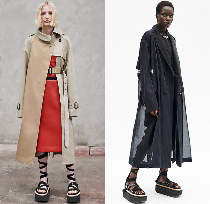 Sacai by Chitose Abe 2023 Resort Cruise Pre-Spring Womens Lookbook Presentation - Deconstructed Blouse Denim Jeans Bralette Pockets Frayed Raw Hem Shorts Cargo Pants Oversleeve Knit Cardigan Sweater Stars Typography Patchwork Panels Box Skirt Stripes Pinstripe Dress Accordion Pleats Trench Coat Pantsuit Tuxedo Cocktail Jacket Blazer Straps Wide Leg Flare Slit Hem Crop Top Midriff Sheer Shirt Miniskirt Shirtdress Tweed Gladiators Wedge Elevator Sandals Handbag Bag