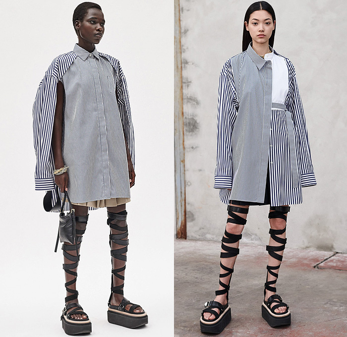 Sacai by Chitose Abe 2023 Resort Cruise Pre-Spring Womens Lookbook Presentation - Deconstructed Blouse Denim Jeans Bralette Pockets Frayed Raw Hem Shorts Cargo Pants Oversleeve Knit Cardigan Sweater Stars Typography Patchwork Panels Box Skirt Stripes Pinstripe Dress Accordion Pleats Trench Coat Pantsuit Tuxedo Cocktail Jacket Blazer Straps Wide Leg Flare Slit Hem Crop Top Midriff Sheer Shirt Miniskirt Shirtdress Tweed Gladiators Wedge Elevator Sandals Handbag Bag