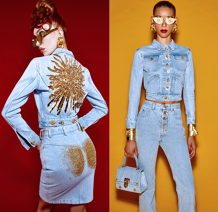 Schiaparelli 2023 Spring Summer Womens Lookbook - Mode à Paris Fashion Week - Denim Jacket Jeans Miniskirt Gold Dust Sequins Crystals Beads Embroidery Eyes Sunburst Seashell Fringes Pearls Cuffs Silhouette Ants Padlock Keyhole Anatomy Ruler Crop Top Midriff Cone Bras Bikini Chain Micro Dress Strapless Bustier Corset Velvet Floral Gown Shirt Blouse Branches Silk Satin Blazer Pantsuit Bralette Pencil Skirt Palazzo Pants Handprint Noodle Strap Puff Ball Poufy Coat Handbag Hat Flats