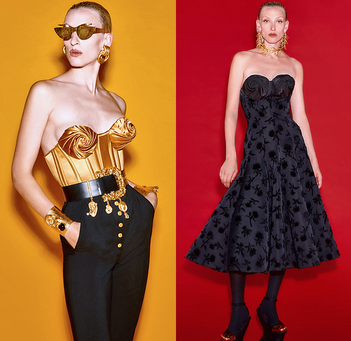 Schiaparelli 2023 Spring Summer Womens Lookbook - Mode à Paris Fashion Week - Denim Jacket Jeans Miniskirt Gold Dust Sequins Crystals Beads Embroidery Eyes Sunburst Seashell Fringes Pearls Cuffs Silhouette Ants Padlock Keyhole Anatomy Ruler Crop Top Midriff Cone Bras Bikini Chain Micro Dress Strapless Bustier Corset Velvet Floral Gown Shirt Blouse Branches Silk Satin Blazer Pantsuit Bralette Pencil Skirt Palazzo Pants Handprint Noodle Strap Puff Ball Poufy Coat Handbag Hat Flats