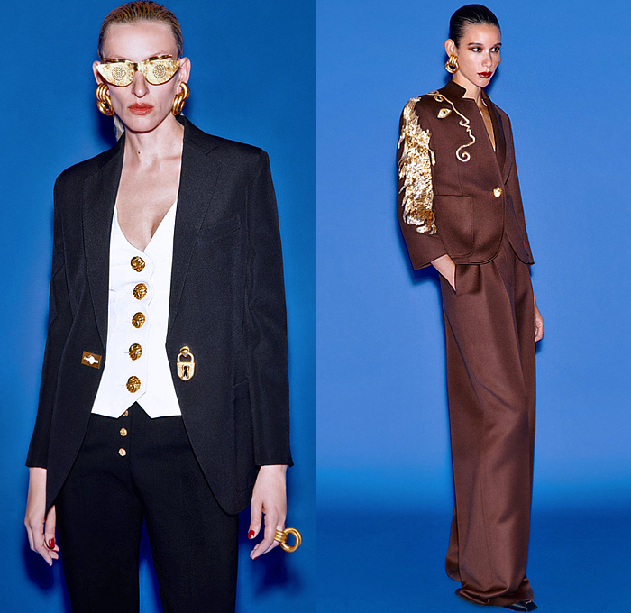 Schiaparelli 2023 Spring Summer Womens Lookbook - Mode à Paris Fashion Week - Denim Jacket Jeans Miniskirt Gold Dust Sequins Crystals Beads Embroidery Eyes Sunburst Seashell Fringes Pearls Cuffs Silhouette Ants Padlock Keyhole Anatomy Ruler Crop Top Midriff Cone Bras Bikini Chain Micro Dress Strapless Bustier Corset Velvet Floral Gown Shirt Blouse Branches Silk Satin Blazer Pantsuit Bralette Pencil Skirt Palazzo Pants Handprint Noodle Strap Puff Ball Poufy Coat Handbag Hat Flats