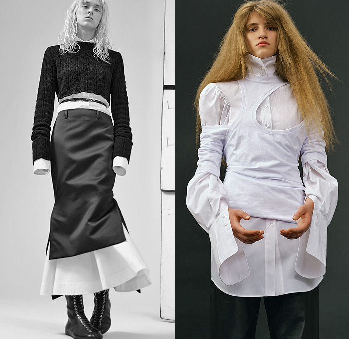 Sportmax 2023 Resort Cruise Pre-Spring Womens Lookbook Presentation - Victorian Poufy Shoulders Puff Leg O'Mutton Sleeves Denim Jeans Sleeveless Tabard Pockets Railroad Engineer Stripes Outerwear Trench Coat Blazer Frayed Raw Hem Dress Ruffles Frills Turtleneck Knit Sweater Pencil Skirt Asymmetrical Cutout Long Sleeve Blouse Elongated Double Waistband Paper Bag Waist Cuffs Swirls Boots