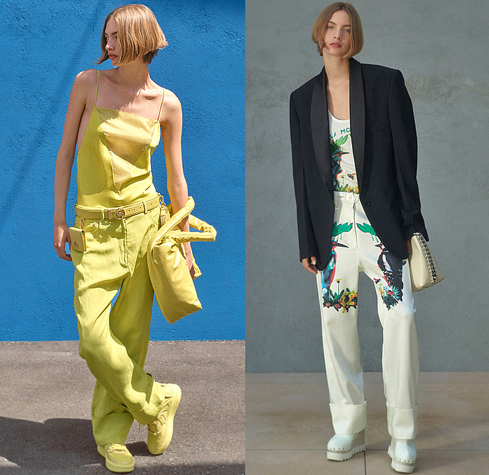 Stella McCartney 2023 Resort Cruise Womens Lookbook Presentation - Rewilding Animals Wildlife Blouse Noodle Strap Pantsuit Blazer Jacket Coat Hoodie Parka Sheer Tulle Zipper Cape Cutwork Poncho Mini Dress Doily Crop Top Midriff Halterneck Sequins Embroidery Onesie Unitard Jumpsuit Twist Oversleeve Knit Crochet Threads Fringes Sweater Stripes Fringes Shirtdress Miniskirt Belt Strap Rings Loops Denim Jeans Flowers Floral Wide Leg Pants Fanny Pack Pouch Belt Bag Tote Sneakers Boots Hat