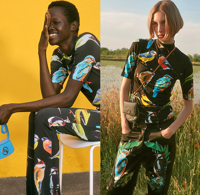 Stella McCartney 2023 Resort Cruise Womens Lookbook Presentation - Rewilding Animals Wildlife Blouse Noodle Strap Pantsuit Blazer Jacket Coat Hoodie Parka Sheer Tulle Zipper Cape Cutwork Poncho Mini Dress Doily Crop Top Midriff Halterneck Sequins Embroidery Onesie Unitard Jumpsuit Twist Oversleeve Knit Crochet Threads Fringes Sweater Stripes Fringes Shirtdress Miniskirt Belt Strap Rings Loops Denim Jeans Flowers Floral Wide Leg Pants Fanny Pack Pouch Belt Bag Tote Sneakers Boots Hat