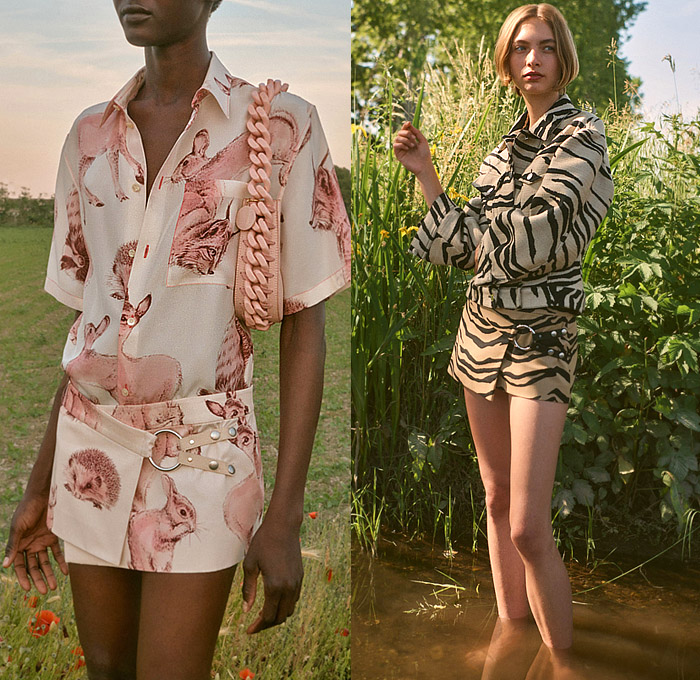 Stella McCartney 2023 Resort Cruise Womens Lookbook Presentation - Rewilding Animals Wildlife Blouse Noodle Strap Pantsuit Blazer Jacket Coat Hoodie Parka Sheer Tulle Zipper Cape Cutwork Poncho Mini Dress Doily Crop Top Midriff Halterneck Sequins Embroidery Onesie Unitard Jumpsuit Twist Oversleeve Knit Crochet Threads Fringes Sweater Stripes Fringes Shirtdress Miniskirt Belt Strap Rings Loops Denim Jeans Flowers Floral Wide Leg Pants Fanny Pack Pouch Belt Bag Tote Sneakers Boots Hat