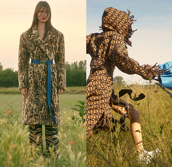 Stella McCartney 2023 Resort Cruise Womens Lookbook Presentation - Rewilding Animals Wildlife Blouse Noodle Strap Pantsuit Blazer Jacket Coat Hoodie Parka Sheer Tulle Zipper Cape Cutwork Poncho Mini Dress Doily Crop Top Midriff Halterneck Sequins Embroidery Onesie Unitard Jumpsuit Twist Oversleeve Knit Crochet Threads Fringes Sweater Stripes Fringes Shirtdress Miniskirt Belt Strap Rings Loops Denim Jeans Flowers Floral Wide Leg Pants Fanny Pack Pouch Belt Bag Tote Sneakers Boots Hat