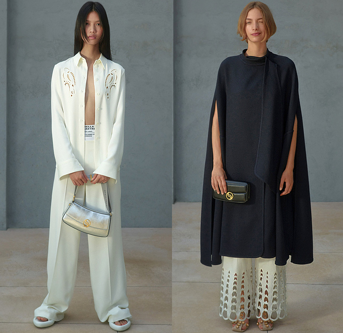 Stella McCartney 2023 Resort Cruise Womens Lookbook Presentation - Rewilding Animals Wildlife Blouse Noodle Strap Pantsuit Blazer Jacket Coat Hoodie Parka Sheer Tulle Zipper Cape Cutwork Poncho Mini Dress Doily Crop Top Midriff Halterneck Sequins Embroidery Onesie Unitard Jumpsuit Twist Oversleeve Knit Crochet Threads Fringes Sweater Stripes Fringes Shirtdress Miniskirt Belt Strap Rings Loops Denim Jeans Flowers Floral Wide Leg Pants Fanny Pack Pouch Belt Bag Tote Sneakers Boots Hat