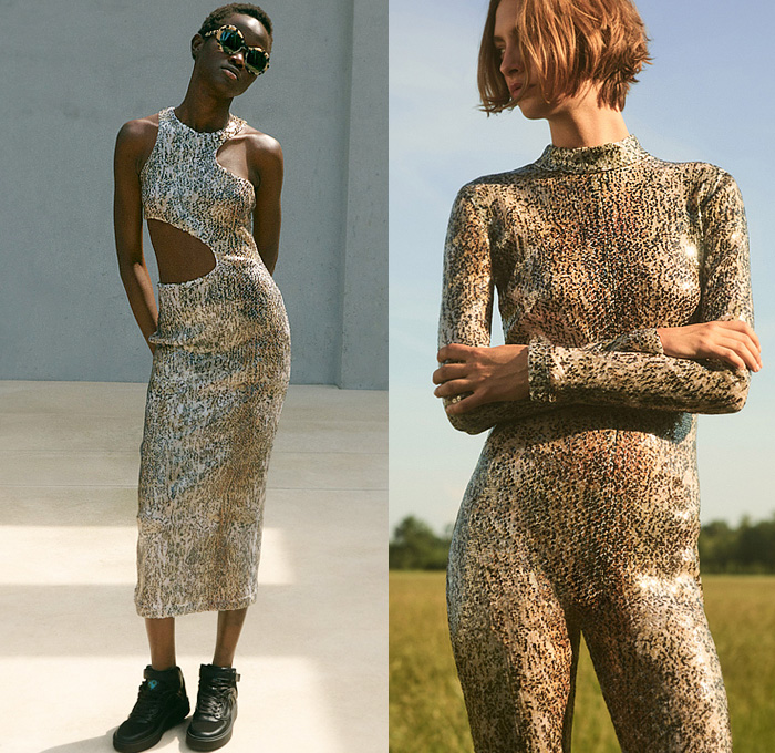 Stella McCartney 2023 Resort Cruise Womens Lookbook Presentation - Rewilding Animals Wildlife Blouse Noodle Strap Pantsuit Blazer Jacket Coat Hoodie Parka Sheer Tulle Zipper Cape Cutwork Poncho Mini Dress Doily Crop Top Midriff Halterneck Sequins Embroidery Onesie Unitard Jumpsuit Twist Oversleeve Knit Crochet Threads Fringes Sweater Stripes Fringes Shirtdress Miniskirt Belt Strap Rings Loops Denim Jeans Flowers Floral Wide Leg Pants Fanny Pack Pouch Belt Bag Tote Sneakers Boots Hat