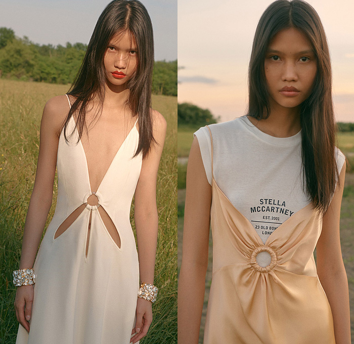 Stella McCartney 2023 Resort Cruise Womens Lookbook Presentation - Rewilding Animals Wildlife Blouse Noodle Strap Pantsuit Blazer Jacket Coat Hoodie Parka Sheer Tulle Zipper Cape Cutwork Poncho Mini Dress Doily Crop Top Midriff Halterneck Sequins Embroidery Onesie Unitard Jumpsuit Twist Oversleeve Knit Crochet Threads Fringes Sweater Stripes Fringes Shirtdress Miniskirt Belt Strap Rings Loops Denim Jeans Flowers Floral Wide Leg Pants Fanny Pack Pouch Belt Bag Tote Sneakers Boots Hat