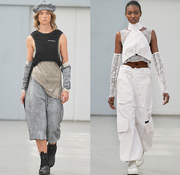 Iso.Poetism by Tobias Birk Nielsen 2023 Spring Summer Womens Runway Catwalk Looks - Copenhagen Fashion Week Denmark CPHFW København - Impostrial Monoliths - Padded Vest Gilet Arm Warmers Mesh Embossed Engraved Reptilian Grunge Shorts Culottes Halterneck Knit Weave Utility Pockets Cargo Pants Wide Leg Baggy Loose Turtleneck Sleeveless Dress Drawstring Hoodie Sweatshirt Bucket Hat Jogger Sweatpants Shawl Fringes Digital Print Boots