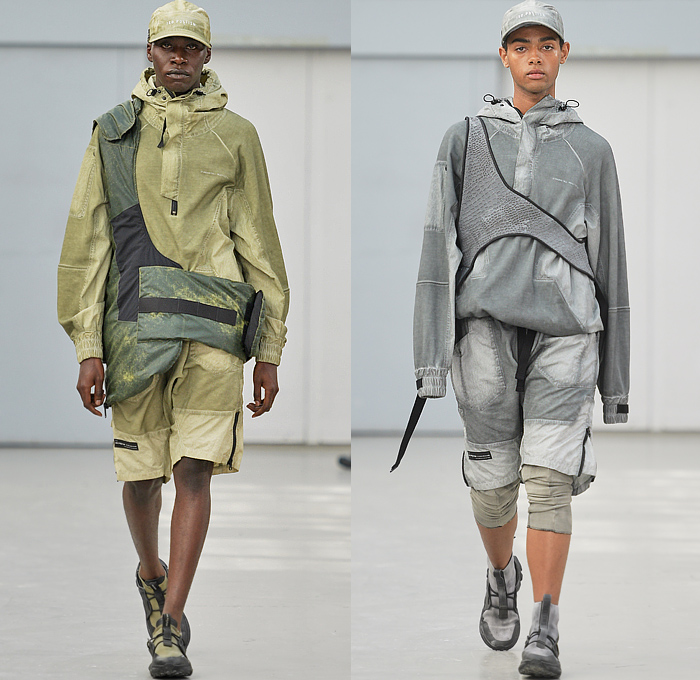 Iso.Poetism by Tobias Birk Nielsen 2023 Spring Summer Mens Runway Collection - Copenhagen Fashion Week Denmark CPHFW København - Impostrial Monoliths - Outerwear Coat Parka Anorak Windbreaker Drawstring Harness Grunge Utility Pockets Cargo Pants Knit Sweater Grunge Vest Gilet Hoodie Sweatshirt Embossed Engraved Craters Suit Blazer Outdoor Hunting Bucket Hat Camping Trekker Jogger Sweatpants Trackwear Shorts Bags Satchel Sling Pack Pouch Sneakers Boots