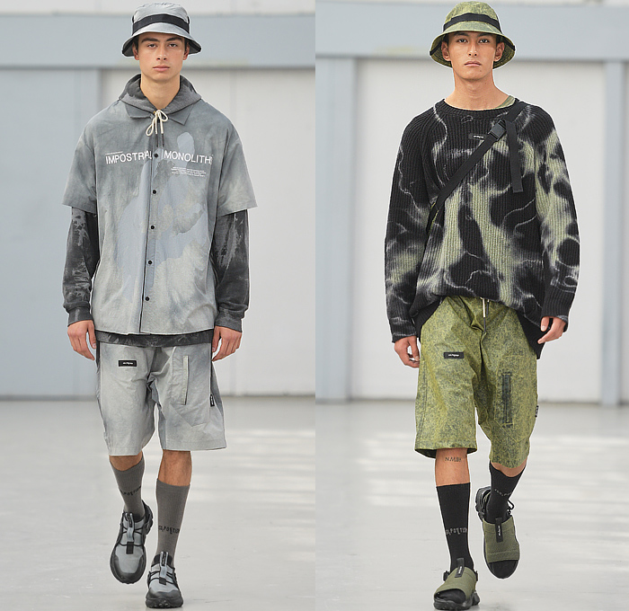 Iso.Poetism by Tobias Birk Nielsen 2023 Spring Summer Mens Runway Collection - Copenhagen Fashion Week Denmark CPHFW København - Impostrial Monoliths - Outerwear Coat Parka Anorak Windbreaker Drawstring Harness Grunge Utility Pockets Cargo Pants Knit Sweater Grunge Vest Gilet Hoodie Sweatshirt Embossed Engraved Craters Suit Blazer Outdoor Hunting Bucket Hat Camping Trekker Jogger Sweatpants Trackwear Shorts Bags Satchel Sling Pack Pouch Sneakers Boots