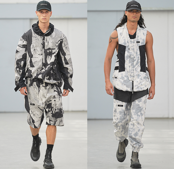 Iso.Poetism by Tobias Birk Nielsen 2023 Spring Summer Mens Runway Collection - Copenhagen Fashion Week Denmark CPHFW København - Impostrial Monoliths - Outerwear Coat Parka Anorak Windbreaker Drawstring Harness Grunge Utility Pockets Cargo Pants Knit Sweater Grunge Vest Gilet Hoodie Sweatshirt Embossed Engraved Craters Suit Blazer Outdoor Hunting Bucket Hat Camping Trekker Jogger Sweatpants Trackwear Shorts Bags Satchel Sling Pack Pouch Sneakers Boots