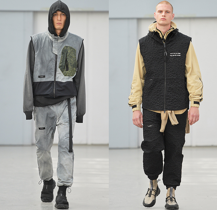 Iso.Poetism by Tobias Birk Nielsen 2023 Spring Summer Mens Runway Collection - Copenhagen Fashion Week Denmark CPHFW København - Impostrial Monoliths - Outerwear Coat Parka Anorak Windbreaker Drawstring Harness Grunge Utility Pockets Cargo Pants Knit Sweater Grunge Vest Gilet Hoodie Sweatshirt Embossed Engraved Craters Suit Blazer Outdoor Hunting Bucket Hat Camping Trekker Jogger Sweatpants Trackwear Shorts Bags Satchel Sling Pack Pouch Sneakers Boots