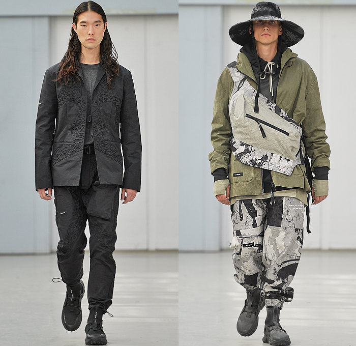 Iso.Poetism by Tobias Birk Nielsen 2023 Spring Summer Mens Runway Collection - Copenhagen Fashion Week Denmark CPHFW København - Impostrial Monoliths - Outerwear Coat Parka Anorak Windbreaker Drawstring Harness Grunge Utility Pockets Cargo Pants Knit Sweater Grunge Vest Gilet Hoodie Sweatshirt Embossed Engraved Craters Suit Blazer Outdoor Hunting Bucket Hat Camping Trekker Jogger Sweatpants Trackwear Shorts Bags Satchel Sling Pack Pouch Sneakers Boots