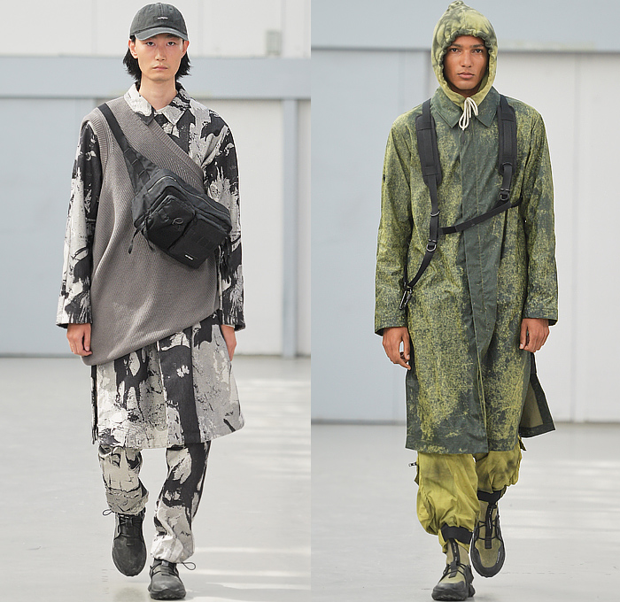 Iso.Poetism by Tobias Birk Nielsen 2023 Spring Summer Mens Runway Collection - Copenhagen Fashion Week Denmark CPHFW København - Impostrial Monoliths - Outerwear Coat Parka Anorak Windbreaker Drawstring Harness Grunge Utility Pockets Cargo Pants Knit Sweater Grunge Vest Gilet Hoodie Sweatshirt Embossed Engraved Craters Suit Blazer Outdoor Hunting Bucket Hat Camping Trekker Jogger Sweatpants Trackwear Shorts Bags Satchel Sling Pack Pouch Sneakers Boots