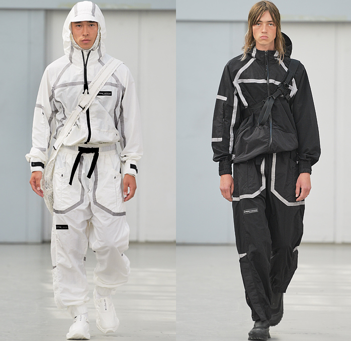 Iso.Poetism by Tobias Birk Nielsen 2023 Spring Summer Mens Runway Collection - Copenhagen Fashion Week Denmark CPHFW København - Impostrial Monoliths - Outerwear Coat Parka Anorak Windbreaker Drawstring Harness Grunge Utility Pockets Cargo Pants Knit Sweater Grunge Vest Gilet Hoodie Sweatshirt Embossed Engraved Craters Suit Blazer Outdoor Hunting Bucket Hat Camping Trekker Jogger Sweatpants Trackwear Shorts Bags Satchel Sling Pack Pouch Sneakers Boots