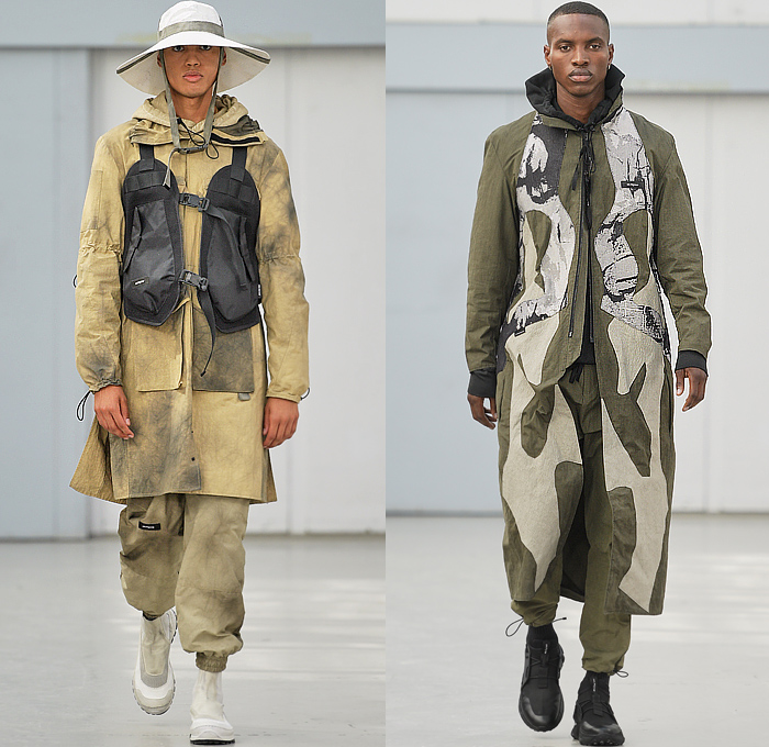 Iso.Poetism by Tobias Birk Nielsen 2023 Spring Summer Mens Runway Collection - Copenhagen Fashion Week Denmark CPHFW København - Impostrial Monoliths - Outerwear Coat Parka Anorak Windbreaker Drawstring Harness Grunge Utility Pockets Cargo Pants Knit Sweater Grunge Vest Gilet Hoodie Sweatshirt Embossed Engraved Craters Suit Blazer Outdoor Hunting Bucket Hat Camping Trekker Jogger Sweatpants Trackwear Shorts Bags Satchel Sling Pack Pouch Sneakers Boots