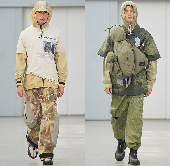 Iso.Poetism by Tobias Birk Nielsen 2023 Spring Summer Mens Runway Collection - Copenhagen Fashion Week Denmark CPHFW København - Impostrial Monoliths - Outerwear Coat Parka Anorak Windbreaker Drawstring Harness Grunge Utility Pockets Cargo Pants Knit Sweater Grunge Vest Gilet Hoodie Sweatshirt Embossed Engraved Craters Suit Blazer Outdoor Hunting Bucket Hat Camping Trekker Jogger Sweatpants Trackwear Shorts Bags Satchel Sling Pack Pouch Sneakers Boots