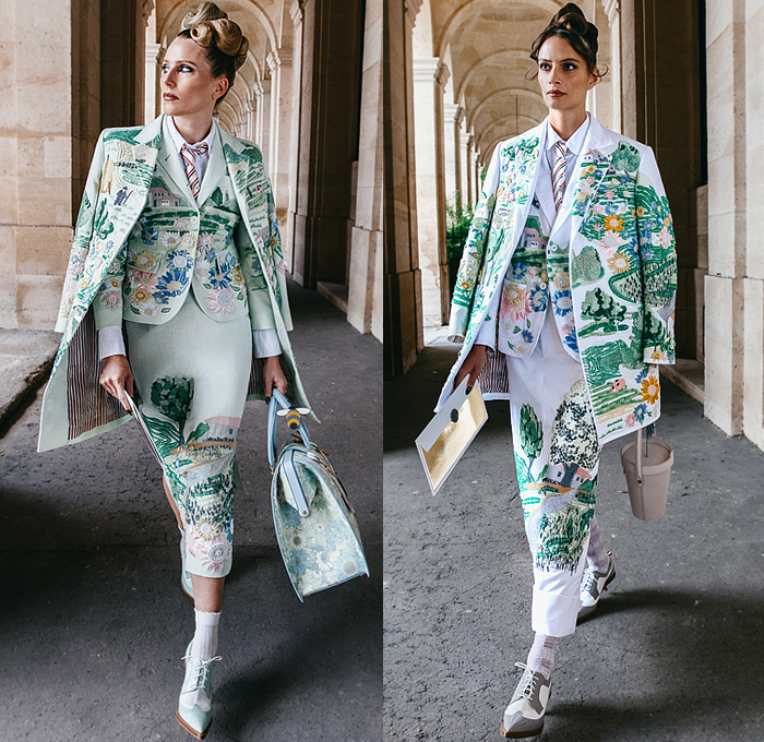 Thom Browne 2023 Resort Cruise Pre-Spring Womens Lookbook Presentation - Embroidery Flowers Floral Botanical Sunflowers Garden Houses Landscape Trees Neck Tie Suit Blazer Jacket Bee Tabard Sleeveless Vest Coat Stripes Plaid Check Pencil Skirt Accordion Pleats Patchwork Jacquard Brocade Knit Cardigan Sweater Tweed Layers Culottes Capri Cape Cloak Dachshund Handbag Doctor's Bag Socks Brogues Pot Clutch