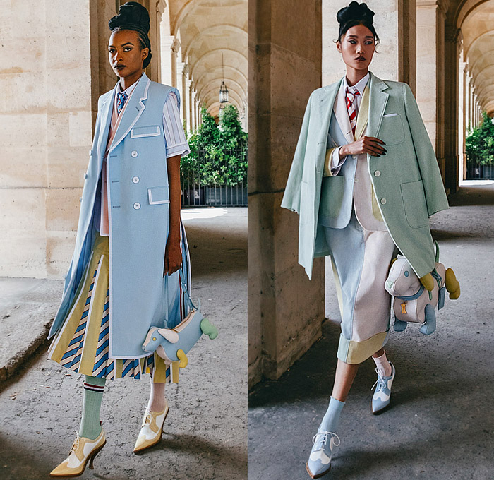 Thom Browne 2023 Resort Cruise Pre-Spring Womens Lookbook Presentation - Embroidery Flowers Floral Botanical Sunflowers Garden Houses Landscape Trees Neck Tie Suit Blazer Jacket Bee Tabard Sleeveless Vest Coat Stripes Plaid Check Pencil Skirt Accordion Pleats Patchwork Jacquard Brocade Knit Cardigan Sweater Tweed Layers Culottes Capri Cape Cloak Dachshund Handbag Doctor's Bag Socks Brogues Pot Clutch